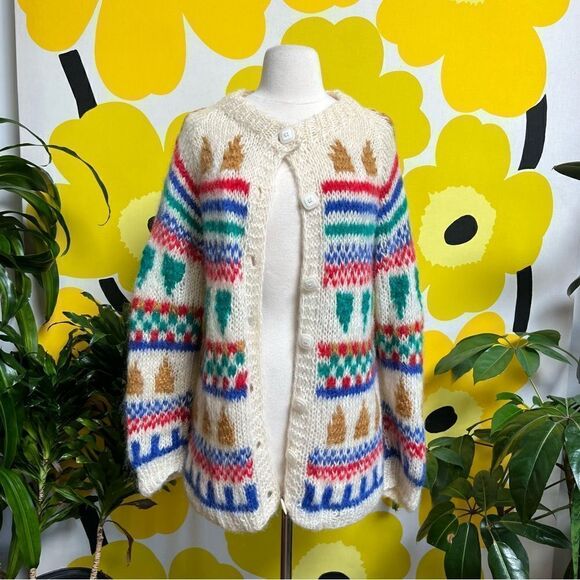 Insanely Cool Rainbow Vintage Italian Wool Knit Cardigan Sweater - Picture 2 of 13